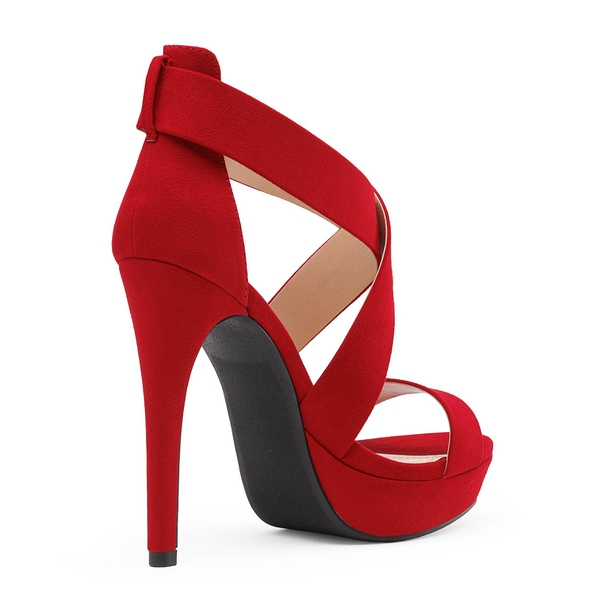 High Heel Strappy Platform Sandals - RED SUEDE - 2